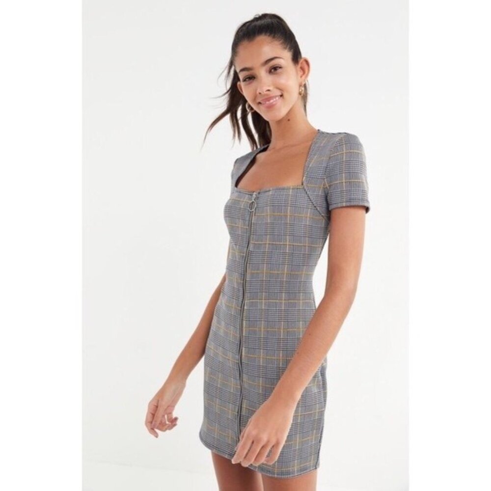 Urban Outfitters Womens Small Plaid Zip Up‎ Mini Dress Short Sleeve Square Neck